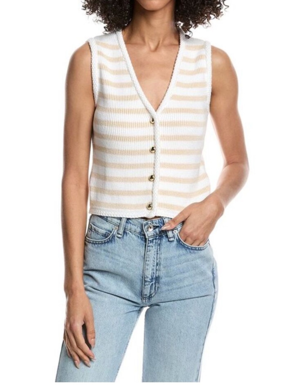 French Connection Striped Sleeveless Button-Front Knit v neck cardigan